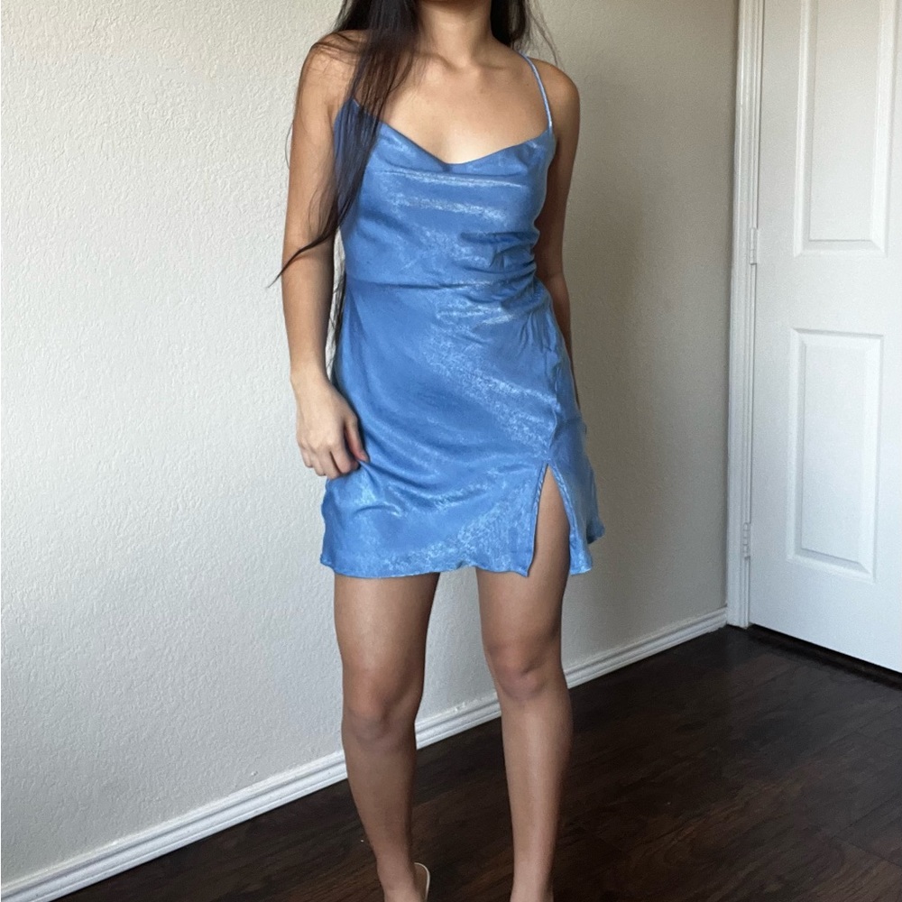 Lucy in The Sky Satin Slit Blue Cowl Dress